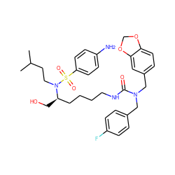 CC(C)CCN([C@H](CO)CCCCNC(=O)N(Cc1ccc(F)cc1)Cc1ccc2c(c1)OCO2)S(=O)(=O)c1ccc(N)cc1 ZINC000003988769