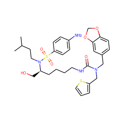 CC(C)CCN([C@H](CO)CCCCNC(=O)N(Cc1ccc2c(c1)OCO2)Cc1cccs1)S(=O)(=O)c1ccc(N)cc1 ZINC000014946758