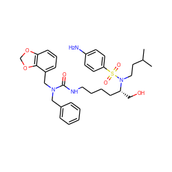 CC(C)CCN([C@H](CO)CCCCNC(=O)N(Cc1ccccc1)Cc1cccc2c1OCO2)S(=O)(=O)c1ccc(N)cc1 ZINC000014946756