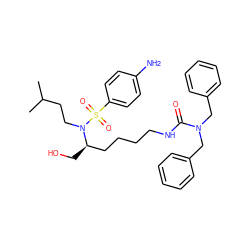 CC(C)CCN([C@H](CO)CCCCNC(=O)N(Cc1ccccc1)Cc1ccccc1)S(=O)(=O)c1ccc(N)cc1 ZINC000014946755