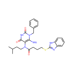 CC(C)CCN(C(=O)CCCSc1nc2ccccc2[nH]1)c1c(N)n(Cc2ccccc2)c(=O)[nH]c1=O ZINC000012520184