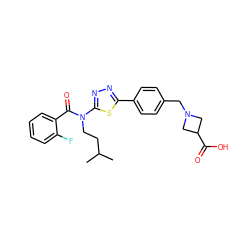 CC(C)CCN(C(=O)c1ccccc1F)c1nnc(-c2ccc(CN3CC(C(=O)O)C3)cc2)s1 ZINC000095560987