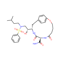 CC(C)CCN(C[C@@H](O)[C@@H]1Cc2ccc(cc2)OCCCC(=O)N[C@@H](C(N)=O)C(=O)N1)S(=O)(=O)c1ccccc1 ZINC000029403248