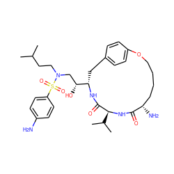 CC(C)CCN(C[C@@H](O)[C@@H]1Cc2ccc(cc2)OCCCC[C@H](N)C(=O)N[C@@H](C(C)C)C(=O)N1)S(=O)(=O)c1ccc(N)cc1 ZINC000014943175