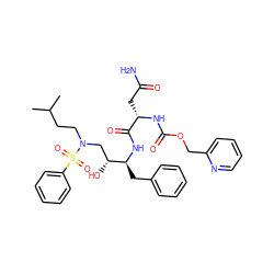 CC(C)CCN(C[C@@H](O)[C@H](Cc1ccccc1)NC(=O)[C@H](CC(N)=O)NC(=O)OCc1ccccn1)S(=O)(=O)c1ccccc1 ZINC000027652208