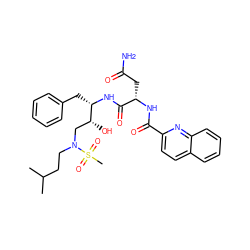 CC(C)CCN(C[C@@H](O)[C@H](Cc1ccccc1)NC(=O)[C@H](CC(N)=O)NC(=O)c1ccc2ccccc2n1)S(C)(=O)=O ZINC000027655657