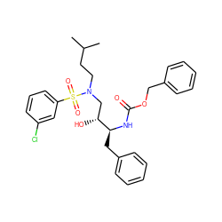 CC(C)CCN(C[C@@H](O)[C@H](Cc1ccccc1)NC(=O)OCc1ccccc1)S(=O)(=O)c1cccc(Cl)c1 ZINC000027657224