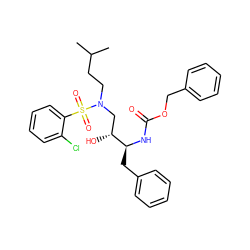 CC(C)CCN(C[C@@H](O)[C@H](Cc1ccccc1)NC(=O)OCc1ccccc1)S(=O)(=O)c1ccccc1Cl ZINC000027650949