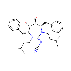 CC(C)CCN1C(=NC#N)N(CCC(C)C)[C@H](Cc2ccccc2)[C@H](O)[C@@H](O)[C@H]1Cc1ccccc1 ZINC000013779353