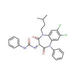 CC(C)CCN1C(=O)[C@@H](NC(=O)Nc2ccccc2)C(=O)N(c2ccccc2)c2cc(Cl)c(Cl)cc21 ZINC000100861804