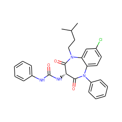 CC(C)CCN1C(=O)[C@@H](NC(=O)Nc2ccccc2)C(=O)N(c2ccccc2)c2ccc(Cl)cc21 ZINC000100858251