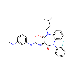 CC(C)CCN1C(=O)[C@H](NC(=O)Nc2cccc(N(C)C)c2)C(=O)N(c2ccccc2F)c2ccccc21 ZINC000001483284