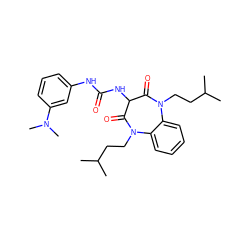 CC(C)CCN1C(=O)C(NC(=O)Nc2cccc(N(C)C)c2)C(=O)N(CCC(C)C)c2ccccc21 ZINC000026744535