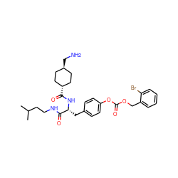 CC(C)CCNC(=O)[C@@H](Cc1ccc(OC(=O)OCc2ccccc2Br)cc1)NC(=O)[C@H]1CC[C@H](CN)CC1 ZINC000261166929