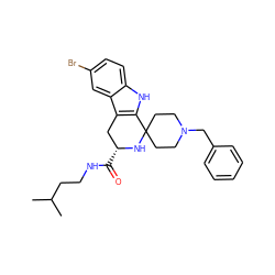 CC(C)CCNC(=O)[C@@H]1Cc2c([nH]c3ccc(Br)cc23)C2(CCN(Cc3ccccc3)CC2)N1 ZINC000045230153