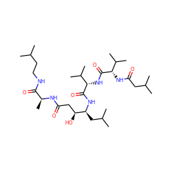 CC(C)CCNC(=O)[C@H](C)NC(=O)C[C@H](O)[C@H](CC(C)C)NC(=O)[C@@H](NC(=O)[C@@H](NC(=O)CC(C)C)C(C)C)C(C)C ZINC000027876721