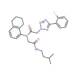 CC(C)CCNC(=O)CN(C(=O)Cn1nnc(-c2ccccc2F)n1)c1cccc2c1CCCC2 ZINC000008667030