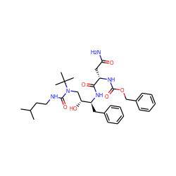 CC(C)CCNC(=O)N(C[C@@H](O)[C@H](Cc1ccccc1)NC(=O)[C@H](CC(N)=O)NC(=O)OCc1ccccc1)C(C)(C)C ZINC000027330539