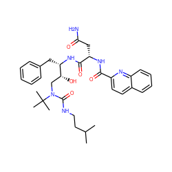 CC(C)CCNC(=O)N(C[C@@H](O)[C@H](Cc1ccccc1)NC(=O)[C@H](CC(N)=O)NC(=O)c1ccc2ccccc2n1)C(C)(C)C ZINC000027419013