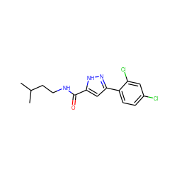 CC(C)CCNC(=O)c1cc(-c2ccc(Cl)cc2Cl)n[nH]1 ZINC000040834498