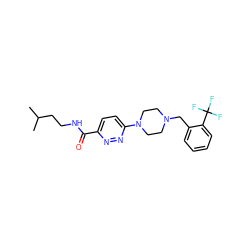 CC(C)CCNC(=O)c1ccc(N2CCN(Cc3ccccc3C(F)(F)F)CC2)nn1 ZINC000087698033