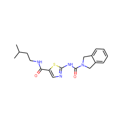 CC(C)CCNC(=O)c1cnc(NC(=O)N2Cc3ccccc3C2)s1 ZINC000166370594