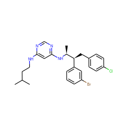 CC(C)CCNc1cc(N[C@@H](C)[C@@H](Cc2ccc(Cl)cc2)c2cccc(Br)c2)ncn1 ZINC000043067870