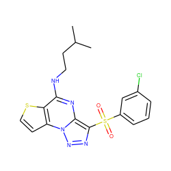 CC(C)CCNc1nc2c(S(=O)(=O)c3cccc(Cl)c3)nnn2c2ccsc12 ZINC000020922285