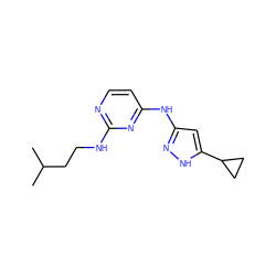 CC(C)CCNc1nccc(Nc2cc(C3CC3)[nH]n2)n1 ZINC000084634527