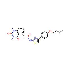 CC(C)CCOc1ccc(-c2csc(NC(=O)Cc3cccc4c3c(=O)n(C)c(=O)n4C)n2)cc1 ZINC000117160065