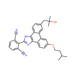 CC(C)CCOc1ccc2c(c1)c1cc(CC(C)(C)O)ccc1c1[nH]c(-c3c(C#N)cccc3C#N)nc21 ZINC000045257665