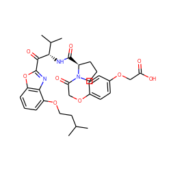 CC(C)CCOc1cccc2oc(C(=O)[C@@H](NC(=O)[C@H]3CCCN3C(=O)COc3ccc(OCC(=O)O)cc3)C(C)C)nc12 ZINC000027640276