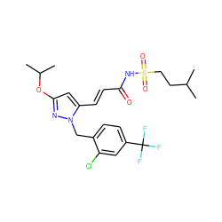 CC(C)CCS(=O)(=O)NC(=O)/C=C/c1cc(OC(C)C)nn1Cc1ccc(C(F)(F)F)cc1Cl ZINC000082158164