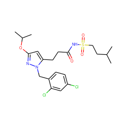 CC(C)CCS(=O)(=O)NC(=O)CCc1cc(OC(C)C)nn1Cc1ccc(Cl)cc1Cl ZINC000073386297