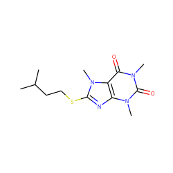 CC(C)CCSc1nc2c(c(=O)n(C)c(=O)n2C)n1C ZINC000013284720