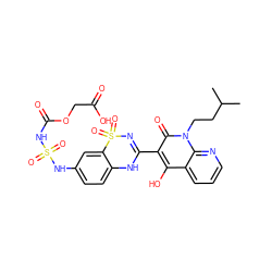 CC(C)CCn1c(=O)c(C2=NS(=O)(=O)c3cc(NS(=O)(=O)NC(=O)OCC(=O)O)ccc3N2)c(O)c2cccnc21 ZINC000101085902