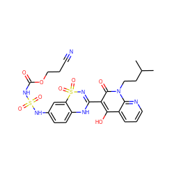 CC(C)CCn1c(=O)c(C2=NS(=O)(=O)c3cc(NS(=O)(=O)NC(=O)OCCC#N)ccc3N2)c(O)c2cccnc21 ZINC000101051227