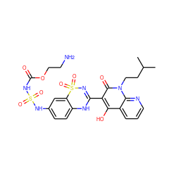 CC(C)CCn1c(=O)c(C2=NS(=O)(=O)c3cc(NS(=O)(=O)NC(=O)OCCN)ccc3N2)c(O)c2cccnc21 ZINC000101057669