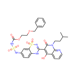 CC(C)CCn1c(=O)c(C2=NS(=O)(=O)c3cc(NS(=O)(=O)NC(=O)OCCOCc4ccccc4)ccc3N2)c(O)c2cccnc21 ZINC000150554445