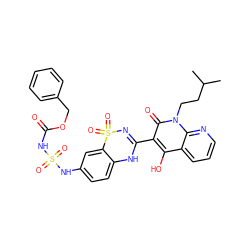 CC(C)CCn1c(=O)c(C2=NS(=O)(=O)c3cc(NS(=O)(=O)NC(=O)OCc4ccccc4)ccc3N2)c(O)c2cccnc21 ZINC000150575602