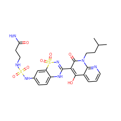 CC(C)CCn1c(=O)c(C2=NS(=O)(=O)c3cc(NS(=O)(=O)NCCC(N)=O)ccc3N2)c(O)c2cccnc21 ZINC000101048723