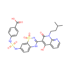 CC(C)CCn1c(=O)c(C2=NS(=O)(=O)c3cc(NS(=O)(=O)Nc4ccc(C(=O)O)cc4)ccc3N2)c(O)c2cccnc21 ZINC000150549198