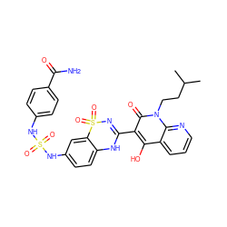 CC(C)CCn1c(=O)c(C2=NS(=O)(=O)c3cc(NS(=O)(=O)Nc4ccc(C(N)=O)cc4)ccc3N2)c(O)c2cccnc21 ZINC000101043783