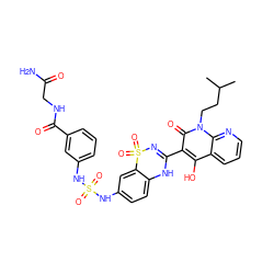 CC(C)CCn1c(=O)c(C2=NS(=O)(=O)c3cc(NS(=O)(=O)Nc4cccc(C(=O)NCC(N)=O)c4)ccc3N2)c(O)c2cccnc21 ZINC000150575594