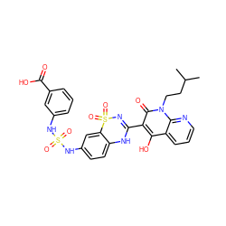 CC(C)CCn1c(=O)c(C2=NS(=O)(=O)c3cc(NS(=O)(=O)Nc4cccc(C(=O)O)c4)ccc3N2)c(O)c2cccnc21 ZINC000150558926