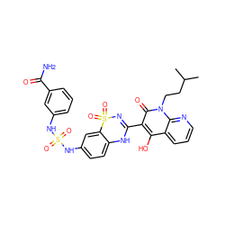 CC(C)CCn1c(=O)c(C2=NS(=O)(=O)c3cc(NS(=O)(=O)Nc4cccc(C(N)=O)c4)ccc3N2)c(O)c2cccnc21 ZINC000101085920