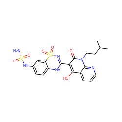 CC(C)CCn1c(=O)c(C2=NS(=O)(=O)c3cc(NS(N)(=O)=O)ccc3N2)c(O)c2cccnc21 ZINC000101085910