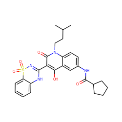 CC(C)CCn1c(=O)c(C2=NS(=O)(=O)c3ccccc3N2)c(O)c2cc(NC(=O)C3CCCC3)ccc21 ZINC000101077696