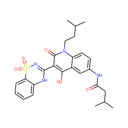 CC(C)CCn1c(=O)c(C2=NS(=O)(=O)c3ccccc3N2)c(O)c2cc(NC(=O)CC(C)C)ccc21 ZINC000101077507