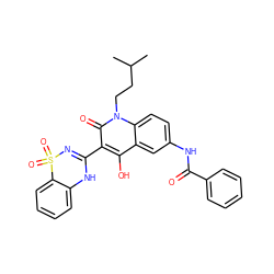 CC(C)CCn1c(=O)c(C2=NS(=O)(=O)c3ccccc3N2)c(O)c2cc(NC(=O)c3ccccc3)ccc21 ZINC000101036402